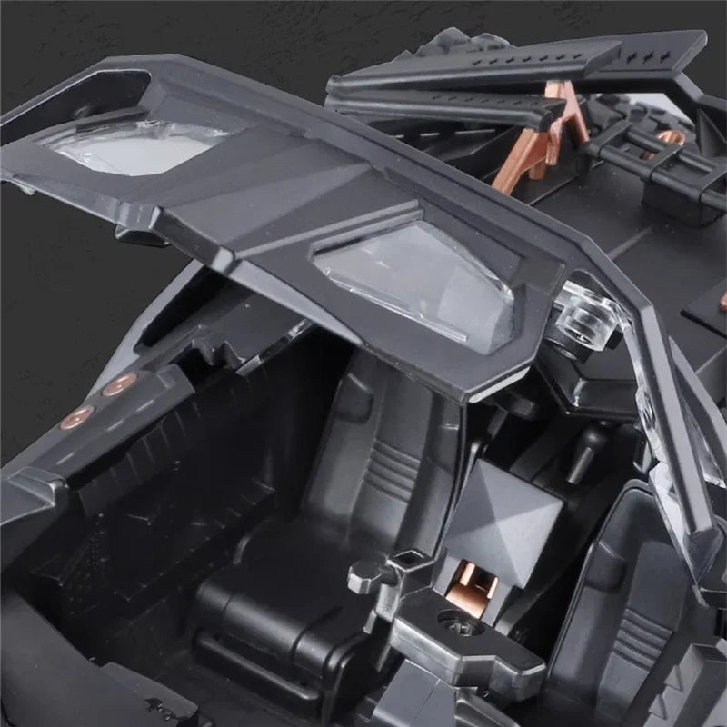 Batmobile toy car with lift-up canopy and detailed interior, Dark Knight Tumbler alloy model for Batman fans, 2008 Black