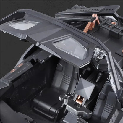 Batmobile toy car with lift-up canopy and detailed interior, Dark Knight Tumbler alloy model for Batman fans, 2008 Black