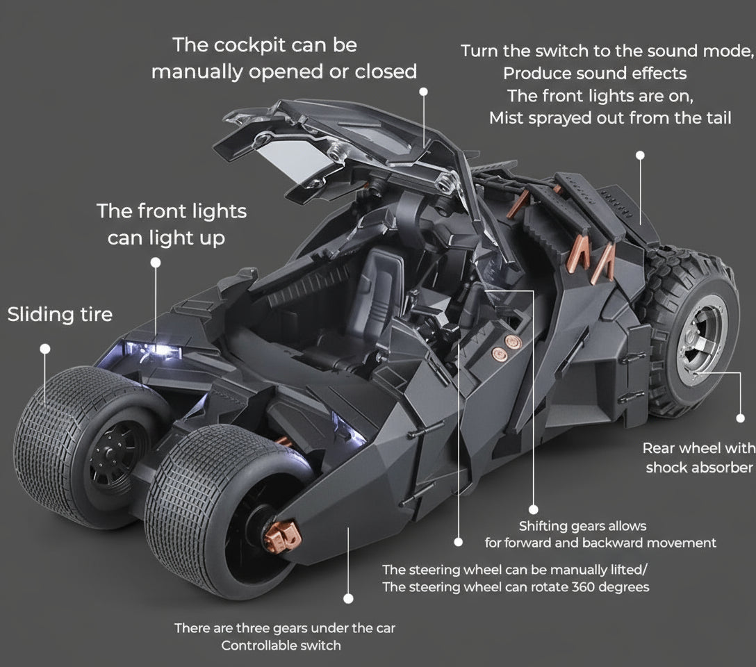 Batmobile Tumbler toy car with opening cockpit, front lights, sound, exhaust mist and 360 degree steering, 2008 Black