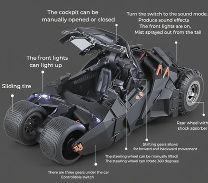 Batmobile Tumbler toy car with opening cockpit, front lights, sound, exhaust mist and 360 degree steering, 2008 Black