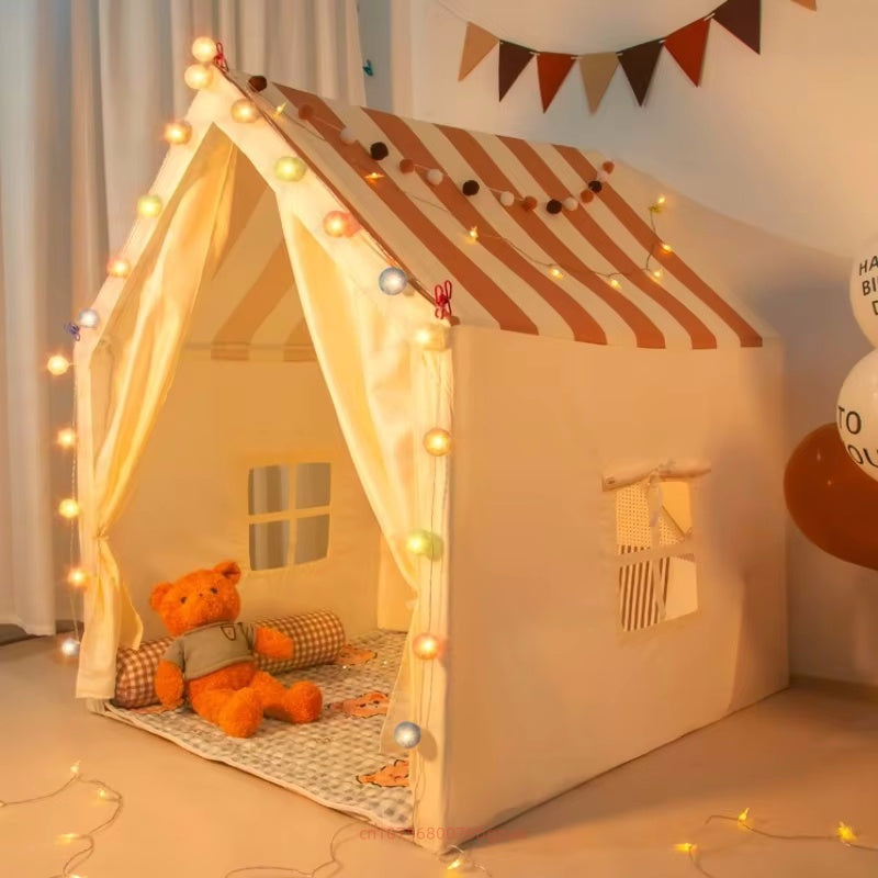 children play tent with teddy bear and picnic rug setup, indoor camping playhouse for imaginative play, Beige