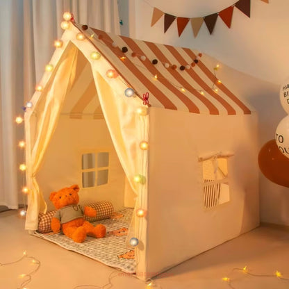 children play tent with teddy bear and picnic rug setup, indoor camping playhouse for imaginative play, Beige