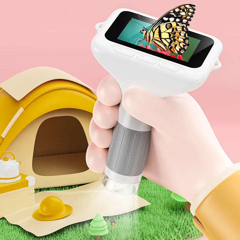 Big Screen microscope held outdoor with butterfly on 3-inch IPS screen, camping tent backdrop, White shown — 3256809553705701-Y, 3256809553705701-W, 3256809553705701-P, 3256809553705701-PU