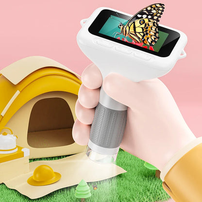 Big Screen microscope held outdoor with butterfly on 3-inch IPS screen, camping tent backdrop, White shown — 3256809553705701-Y, 3256809553705701-W, 3256809553705701-P, 3256809553705701-PU