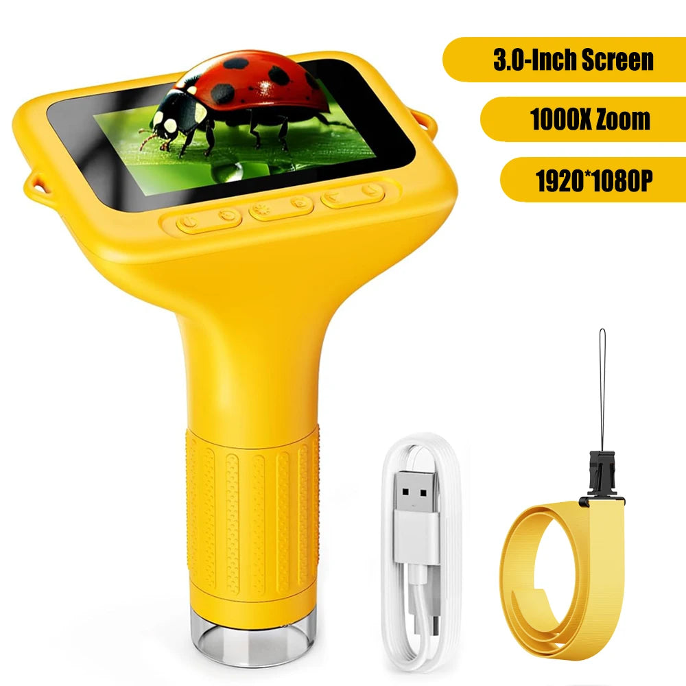Big Screen 3-inch microscope for kids 1000X HD zoom Yellow shown with ladybug on screen USB-C cable and lanyard included 3256809553705701-Y, 3256809553705701-W, 3256809553705701-P, 3256809553705701-PU