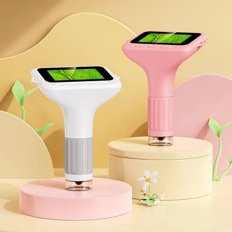 Big Screen kids microscope hero — Pink and White editions on podiums with leaf detail on 3-inch IPS screen — 3256809553705701-Y, 3256809553705701-W, 3256809553705701-P, 3256809553705701-PU