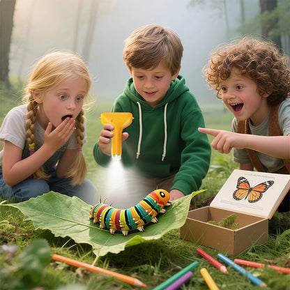 Big Screen kids microscope outdoor lifestyle — three children examining caterpillar with Yellow microscope — Yellow White Pink Purple — 3256809553705701-Y, 3256809553705701-W, 3256809553705701-P, 3256809553705701-PU