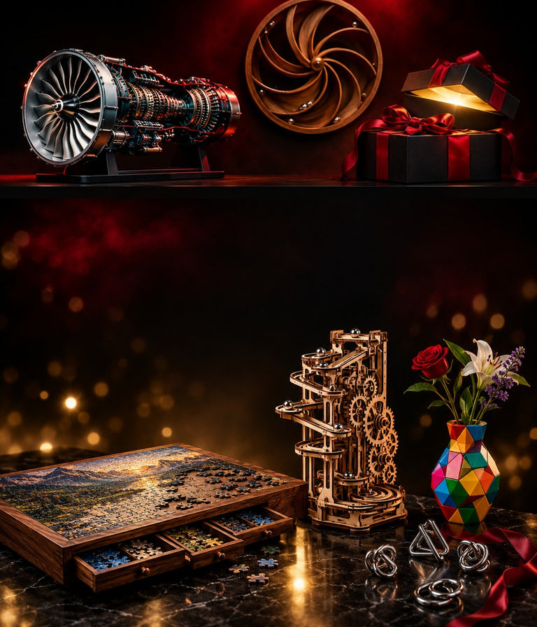 Puzzloria Black Friday gifts mobile banner with a jigsaw puzzle board with drawers, wooden marble run, 3D puzzle vase and gift boxes with red ribbon
