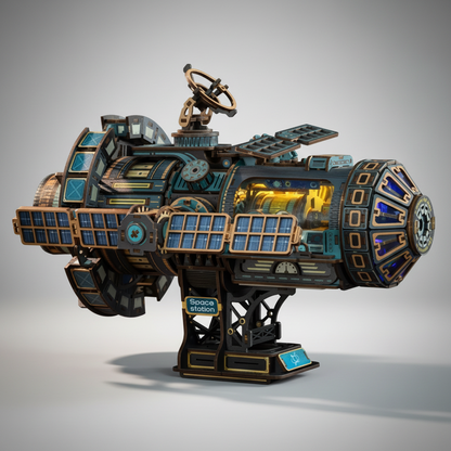 black self-running space station 3D wooden model with LED light effects, collectible DIY kit and gift for teens, Black