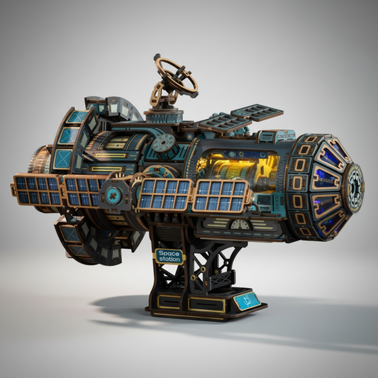 black self-running space station 3D wooden model with LED light effects, collectible DIY kit and gift for teens, Black