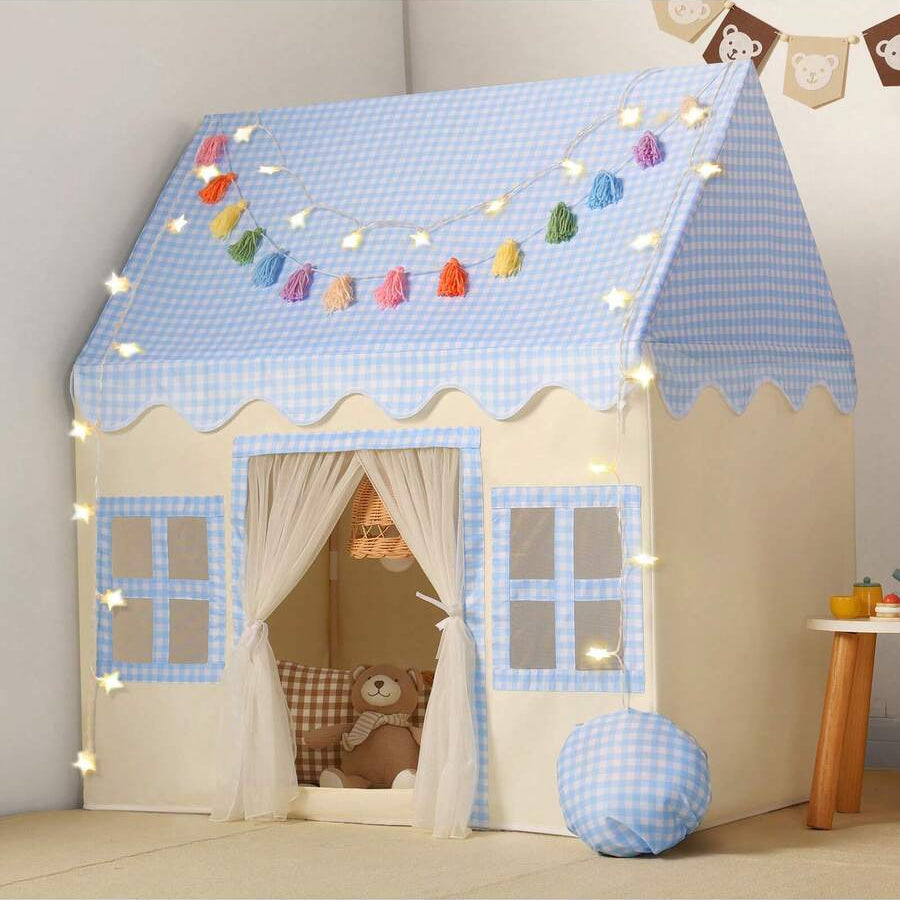 blue princess castle play tent for kids with checkered roof and tassel garland, indoor playhouse for toddlers, Blue
