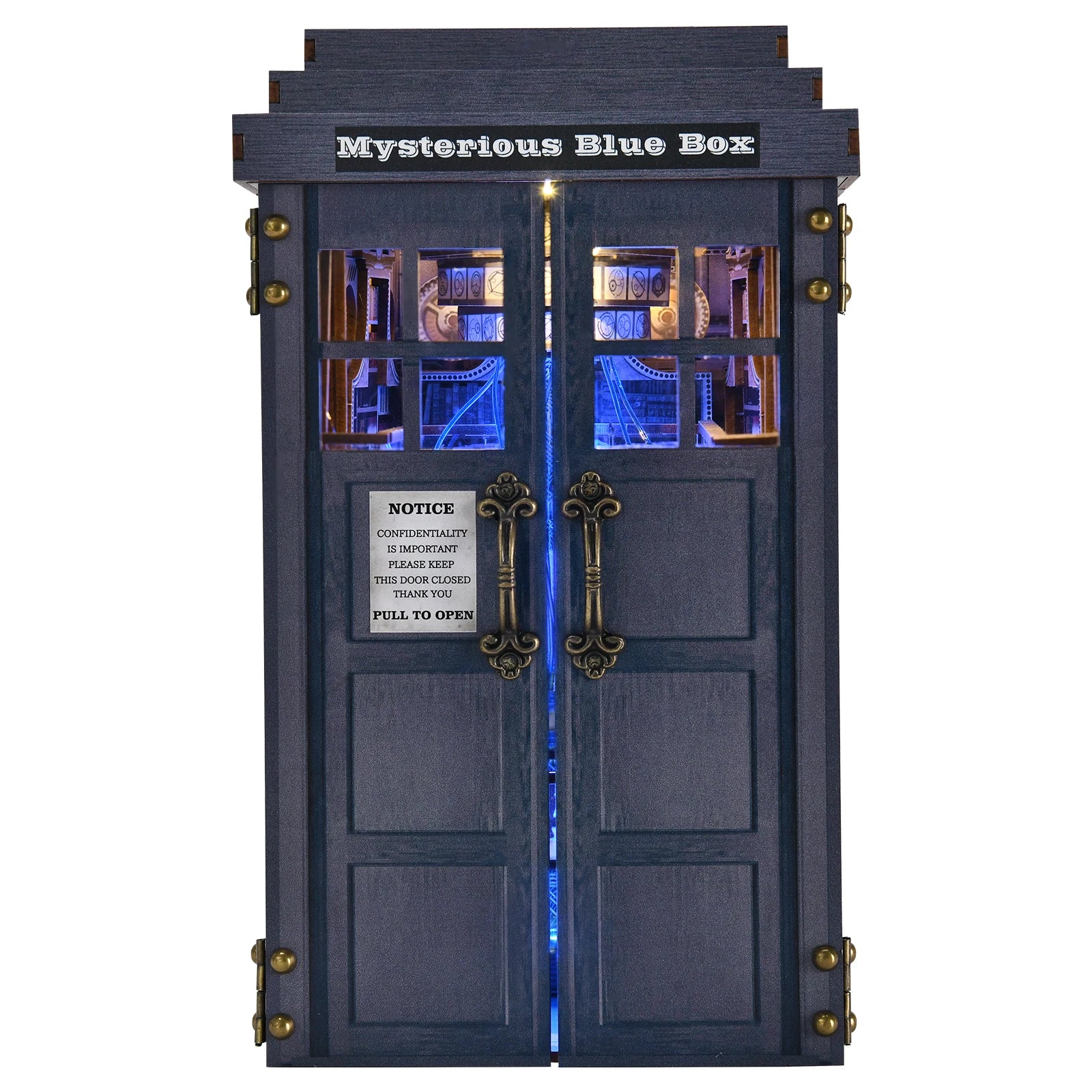 DIY wooden book nook kit with LED lighting, mysterious blue box theme, 368-piece miniature bookshelf insert puzzle for adults