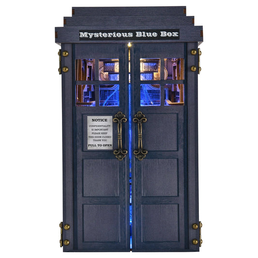 DIY wooden book nook kit with LED lighting, mysterious blue box theme, 368-piece miniature bookshelf insert puzzle for adults