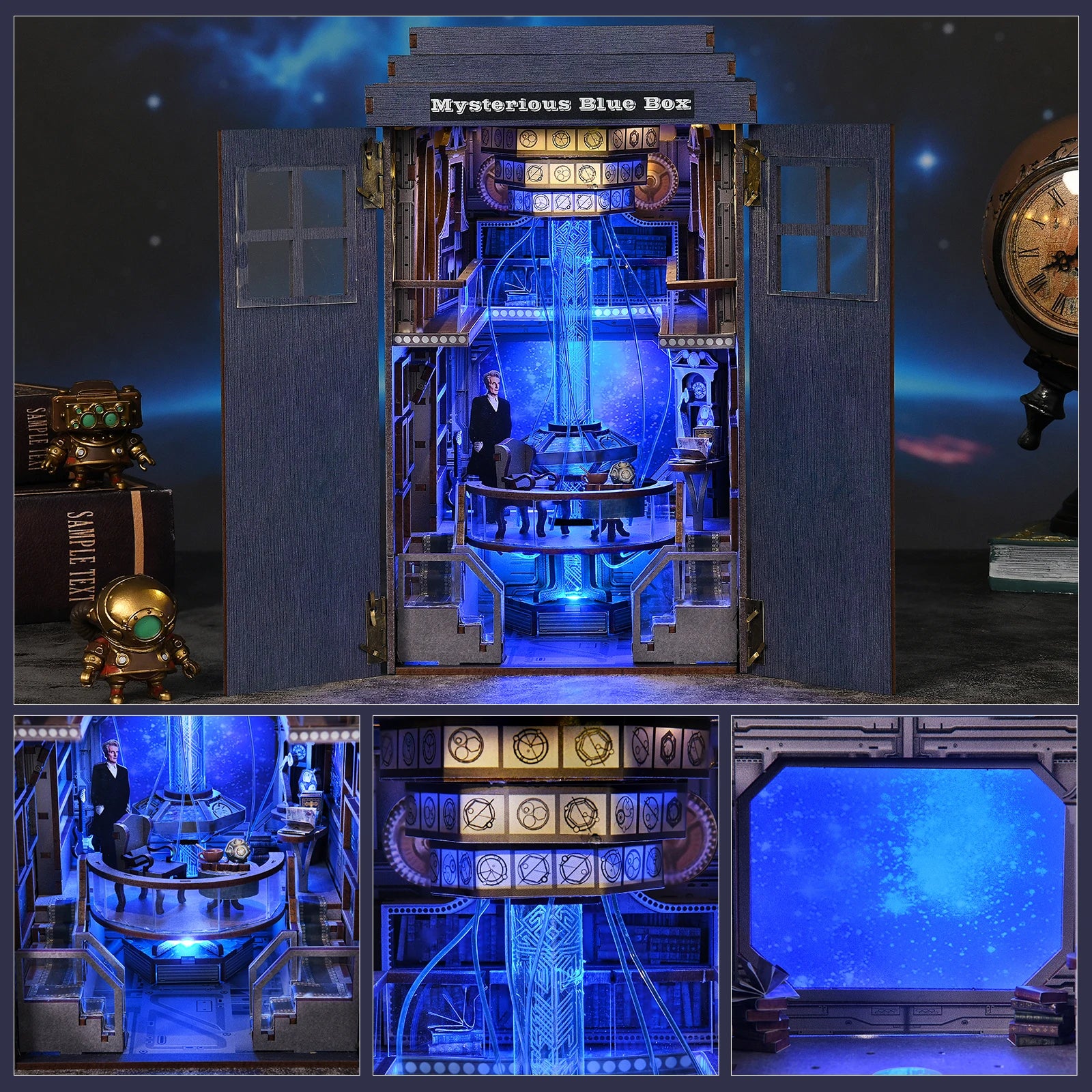 DIY wooden book nook kit with LED lighting, mysterious blue box theme, 368-piece miniature bookshelf insert puzzle for adults