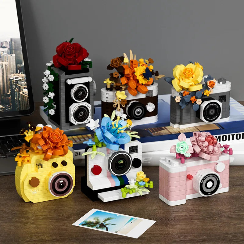 mini building block camera set with brick flowers, six retro camera models for a desk shelf or photography studio, Black, Brown, Grey, Pink, White, Yellow
