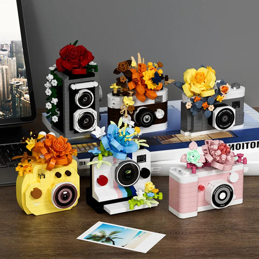 mini building block camera set with brick flowers, six retro camera models for a desk shelf or photography studio, Black, Brown, Grey, Pink, White, Yellow
