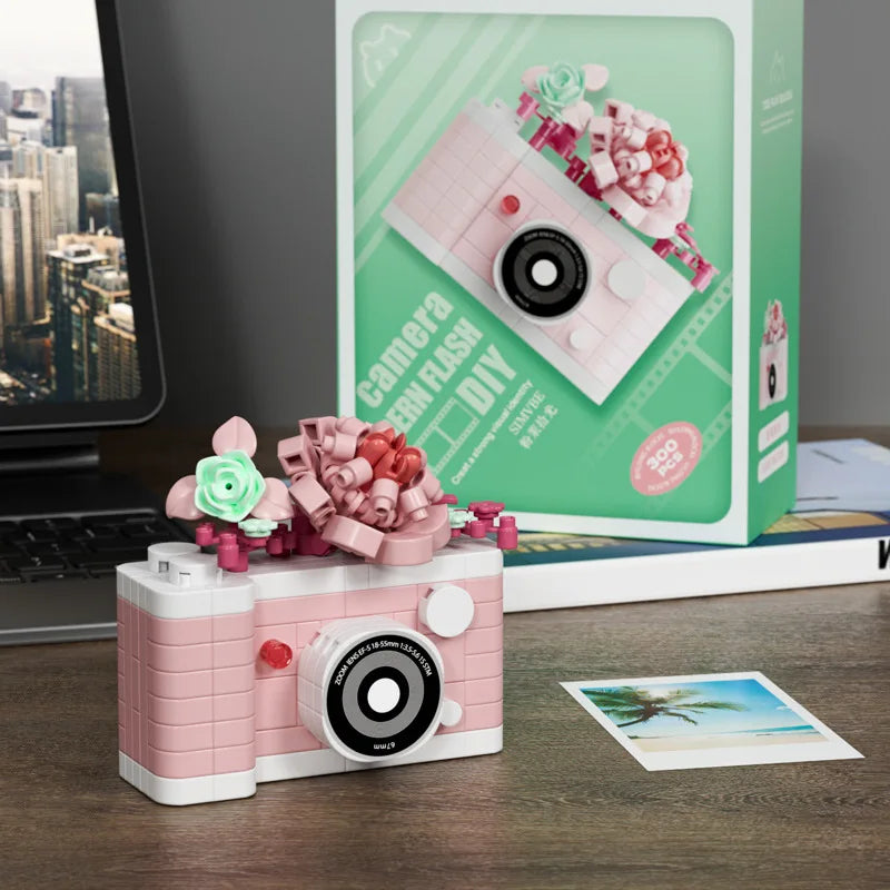pink camera building blocks with brick roses, micro block model kit for a desk setup and a gift for her, Pink