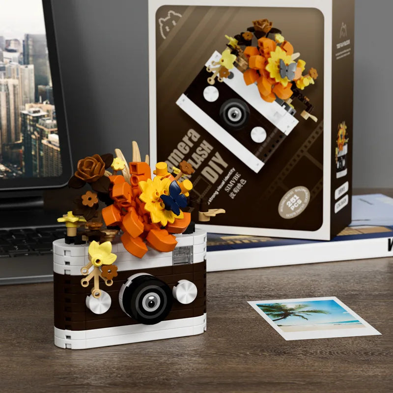 brown vintage camera building block kit with brick sunflowers, retro camera decor for a bookshelf display, Brown