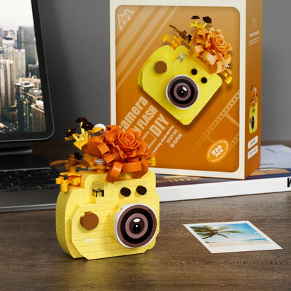 yellow instant camera brick model with orange roses, mini building blocks gift for a birthday or christmas, Yellow