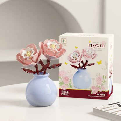 Puzzloria Building Block Flowers Rose Tulip Lily Peony DIY Botanical Set - Mini brick flowers with decorative vase home ornament gift