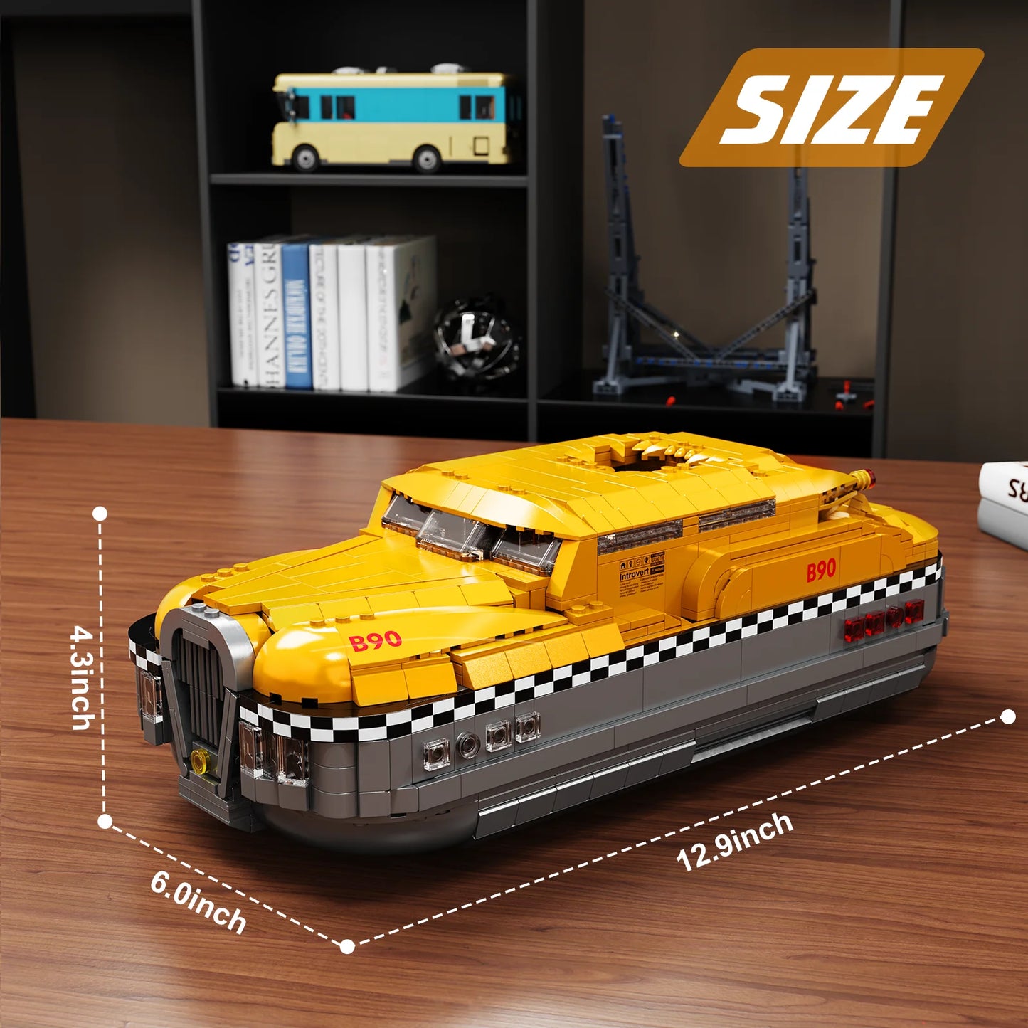 Puzzloria yellow taxi building blocks model kit 1441 pieces adult display set B90 retro cab