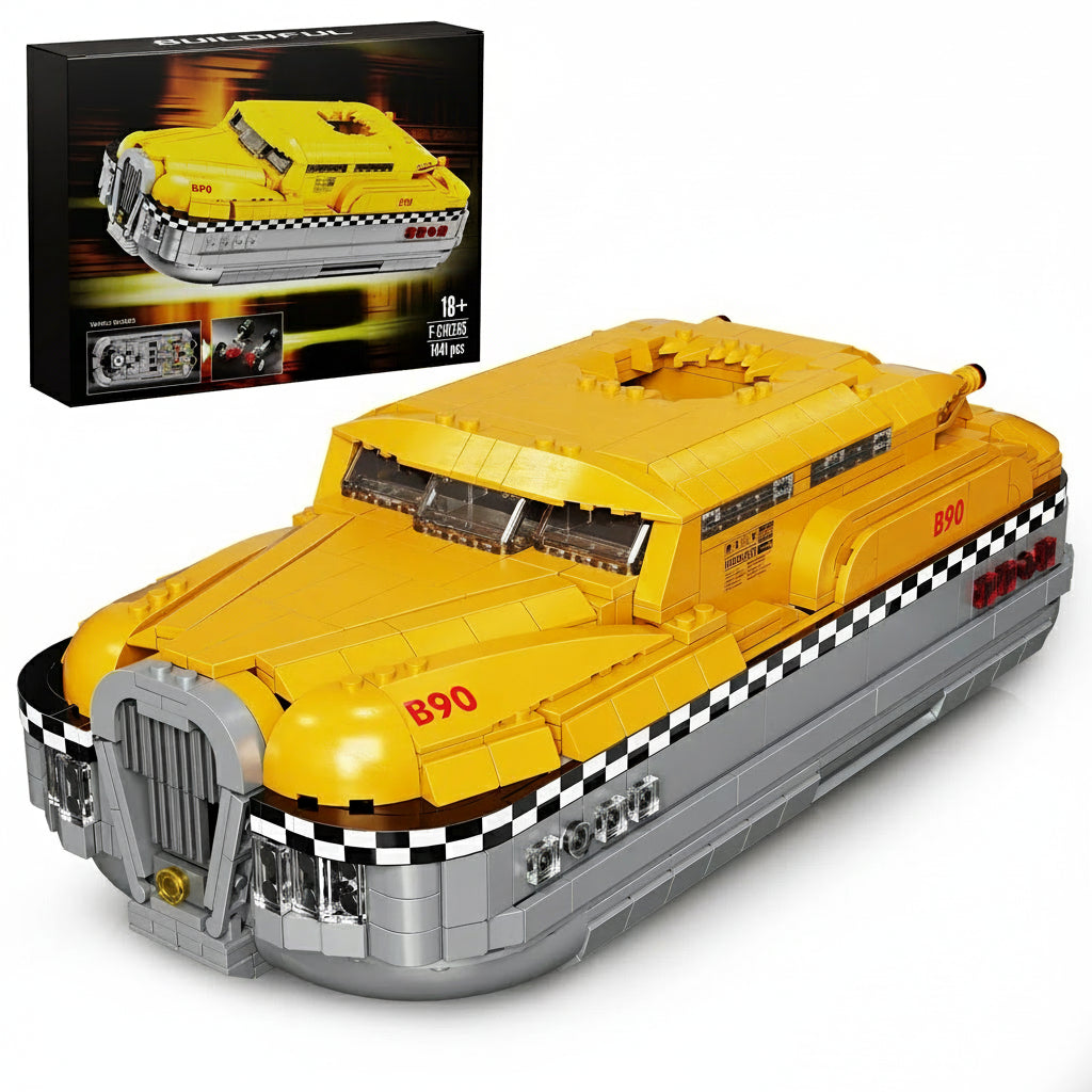 Puzzloria yellow taxi building blocks model kit 1441 pieces adult display set B90 retro cab