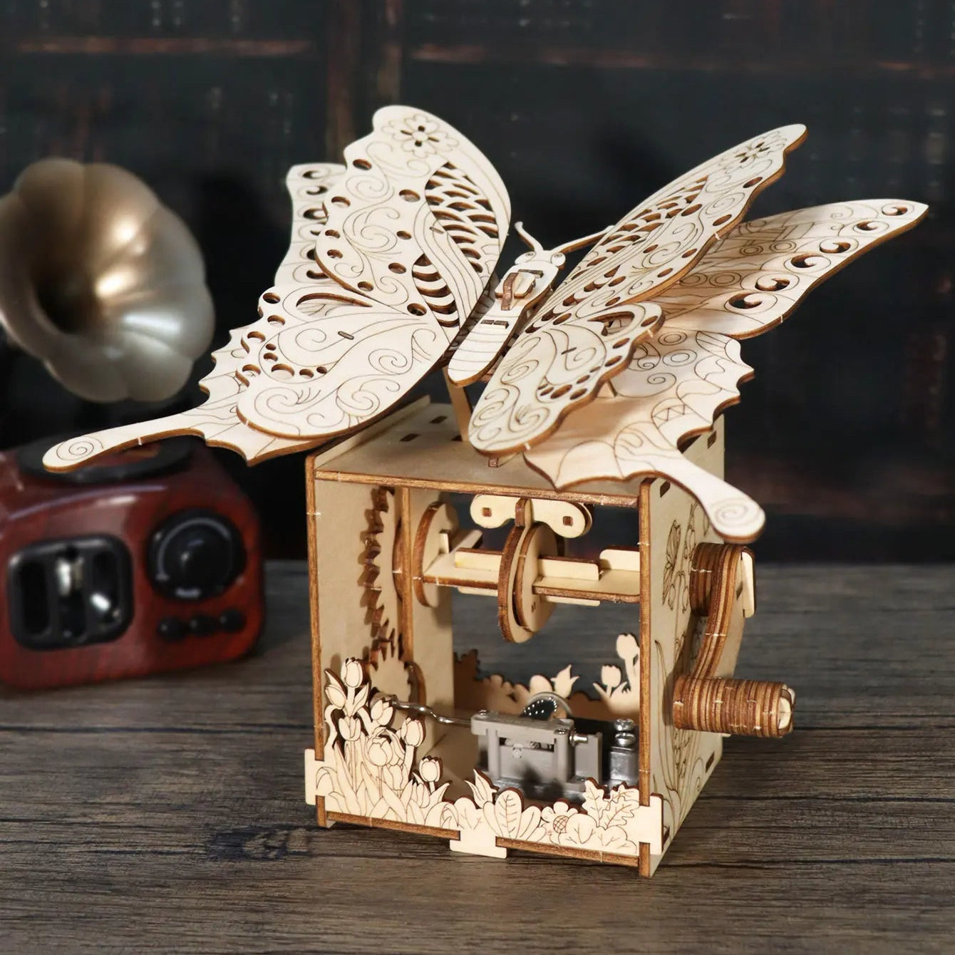 wooden butterfly music box DIY puzzle kit vintage library decor hand crank gift for her romantic anniversary keepsake