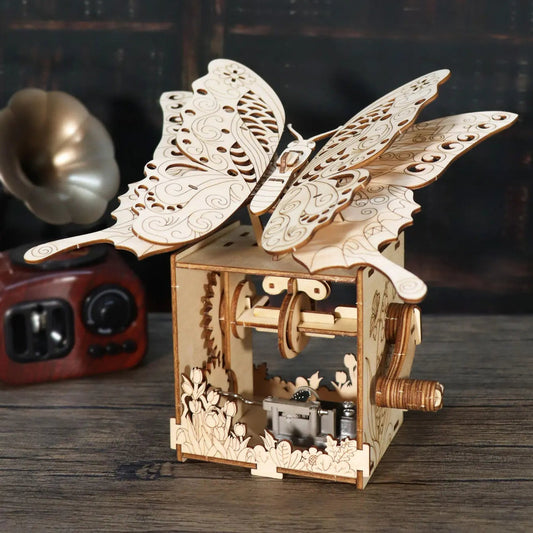 wooden butterfly music box DIY puzzle kit vintage library decor hand crank gift for her romantic anniversary keepsake