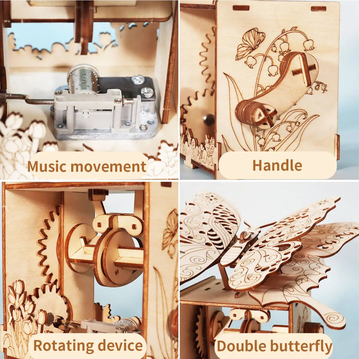 butterfly music box wooden puzzle features close up music movement crank handle rotating gear double wing mechanism