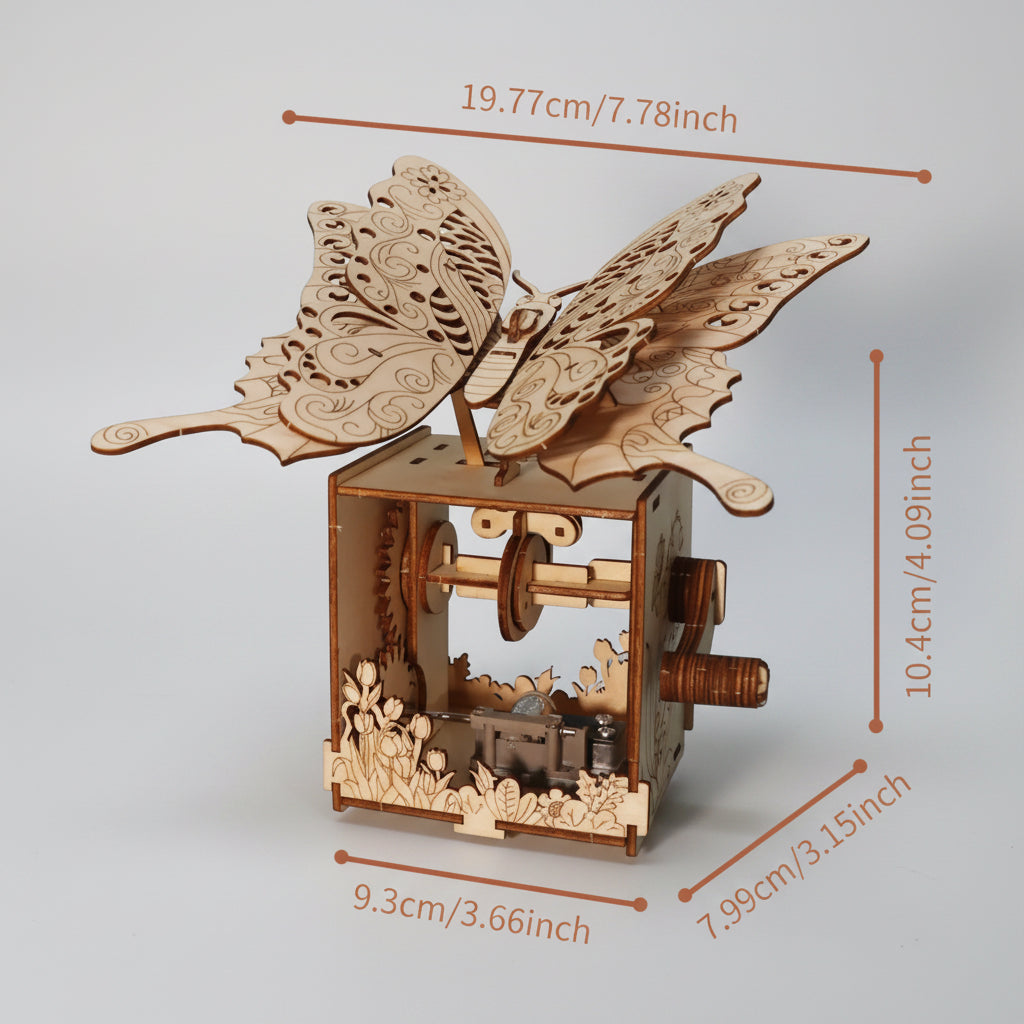 wooden butterfly music box specs 67 pieces 14+ ages 1.5 hour build dimensions kit infographic DIY craft for her
