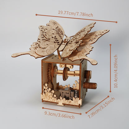 wooden butterfly music box specs 67 pieces 14+ ages 1.5 hour build dimensions kit infographic DIY craft for her
