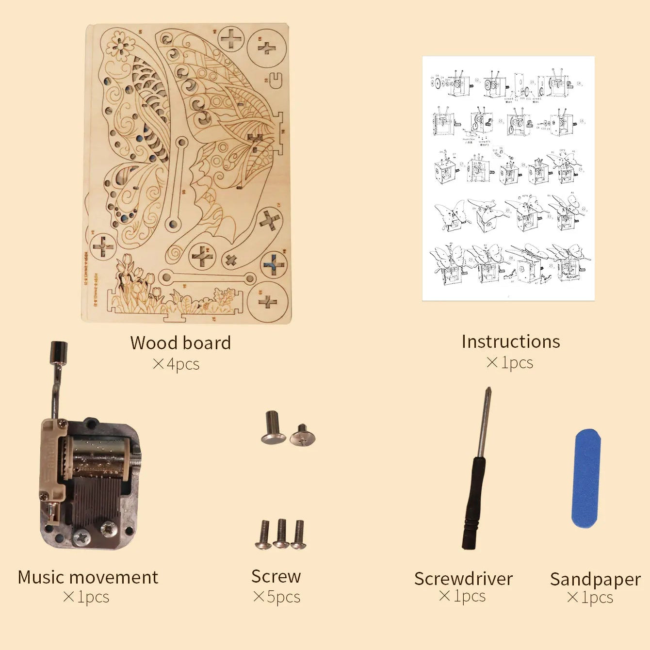 wooden butterfly music box kit contents what is included parts movement screws screwdriver sandpaper instructions