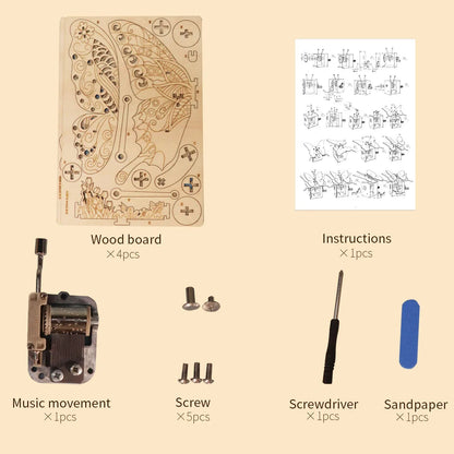 wooden butterfly music box kit contents what is included parts movement screws screwdriver sandpaper instructions