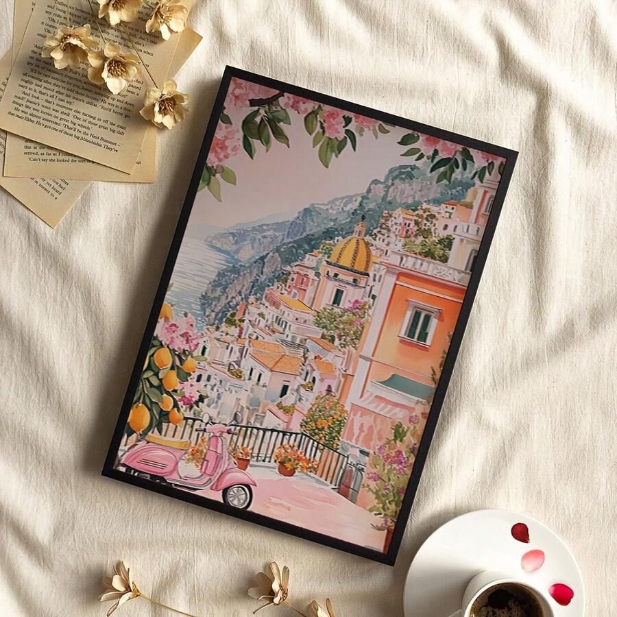travel poster print pink Amalfi coastal scenery wall - 1778357125275_573, 1778357125275_943, 1778357125275_319, 1778357125275_413