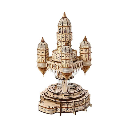 celestia castle 3d wooden puzzle music box with led lights and rotating base for adult builders and desk decor