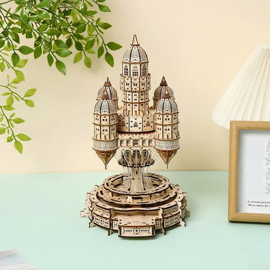 illuminated wooden castle model kit with motorized turntable and melody for teen and adult puzzle collectors
