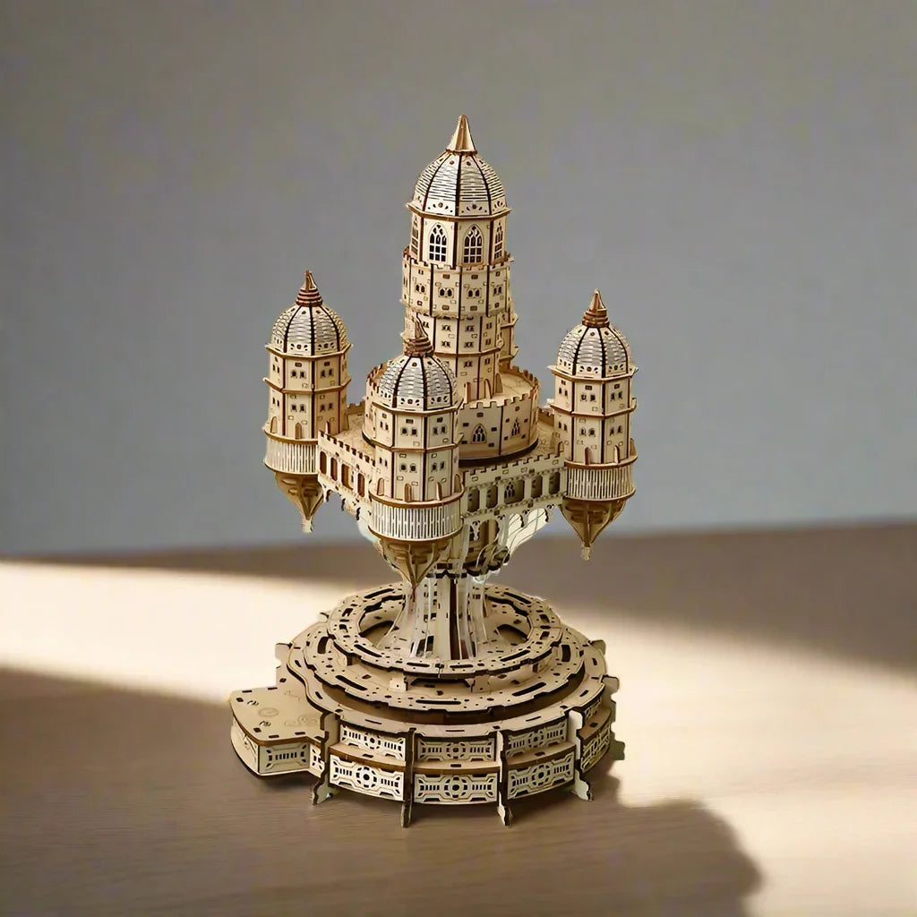 renaissance castle architecture puzzle with glowing tower windows and carousel style music for shelf display