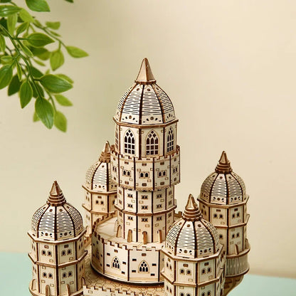 fantasy castle wooden puzzle 13 inch tall model with led lighting and rotating motor for hobby room display