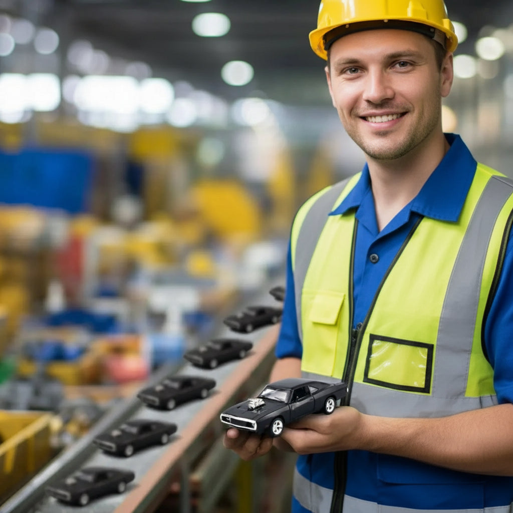 Worker in a factory holding a model car with text about professional factory production and guaranteed quality.