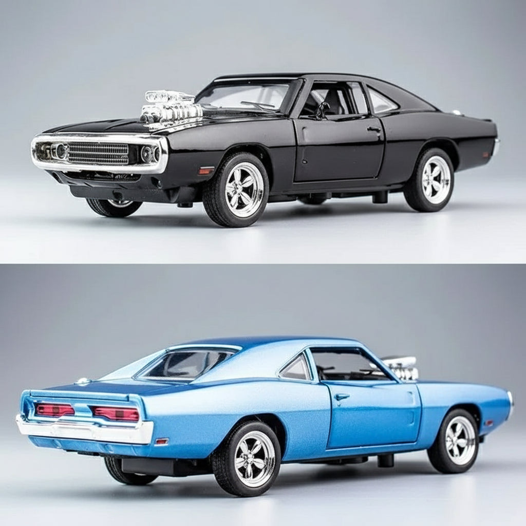 Two views of a classic 1970 Charger diecast model car 1:32 scale with opening doors hood trunk and pull back motor