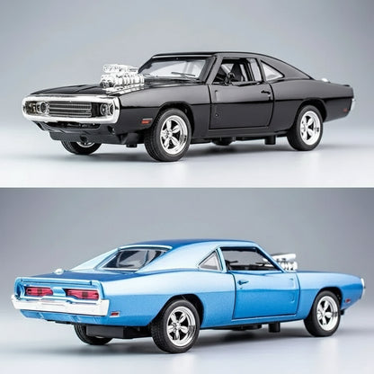 Two views of a classic 1970 Charger diecast model car 1:32 scale with opening doors hood trunk and pull back motor