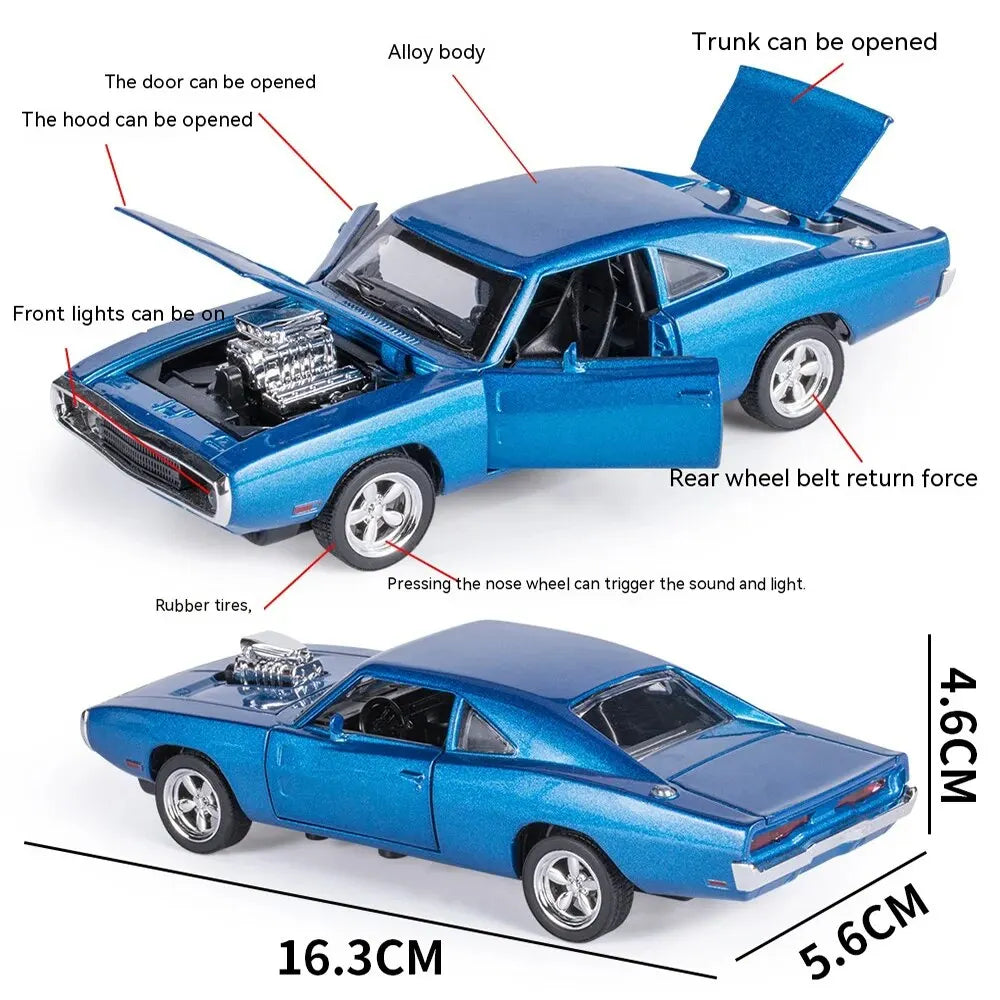Blue model car with features labeled and dimensions shown