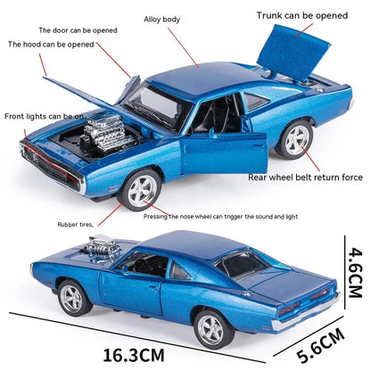 Blue model car with features labeled and dimensions shown