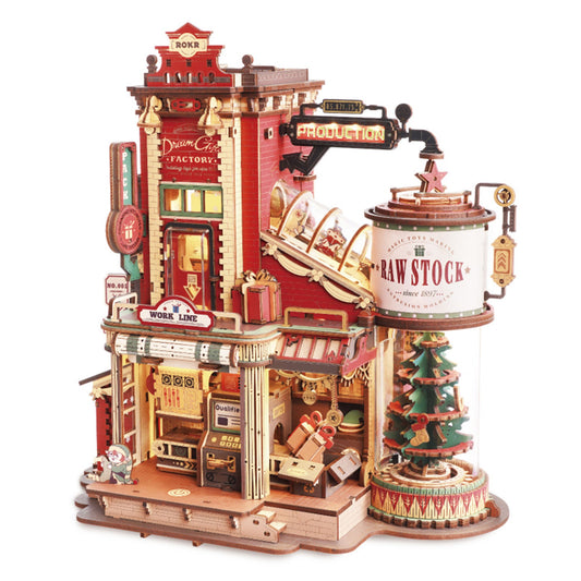 3D wooden puzzle Christmas gift factory music box LED lights mechanical conveyor belt desk decor