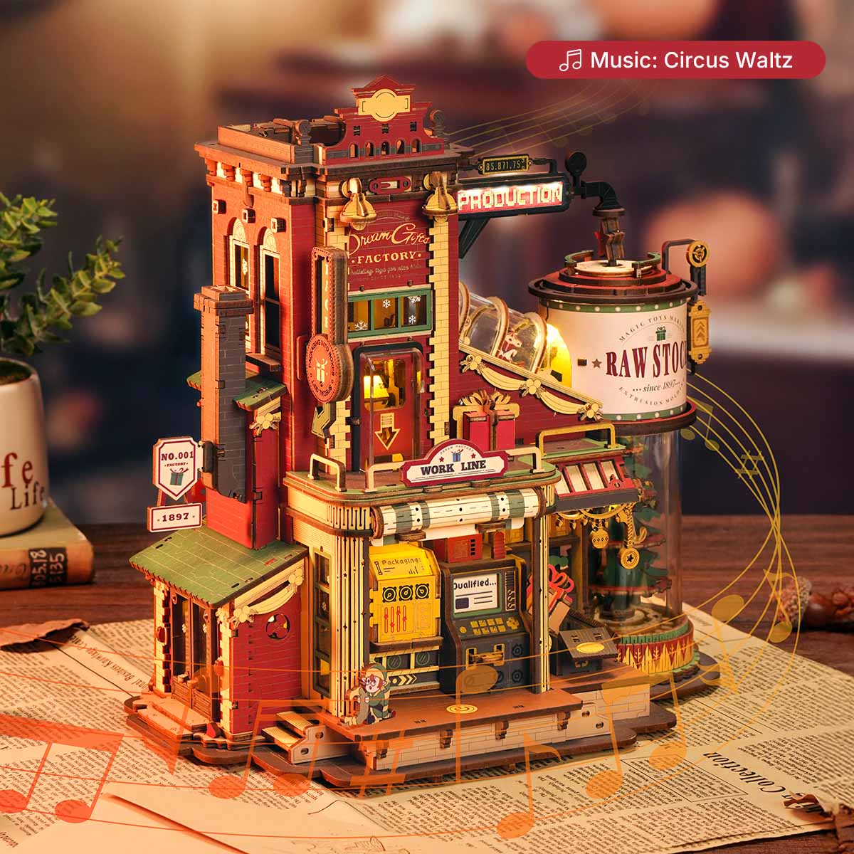 3D wooden puzzle Christmas gift factory music box LED lights mechanical conveyor belt desk decor