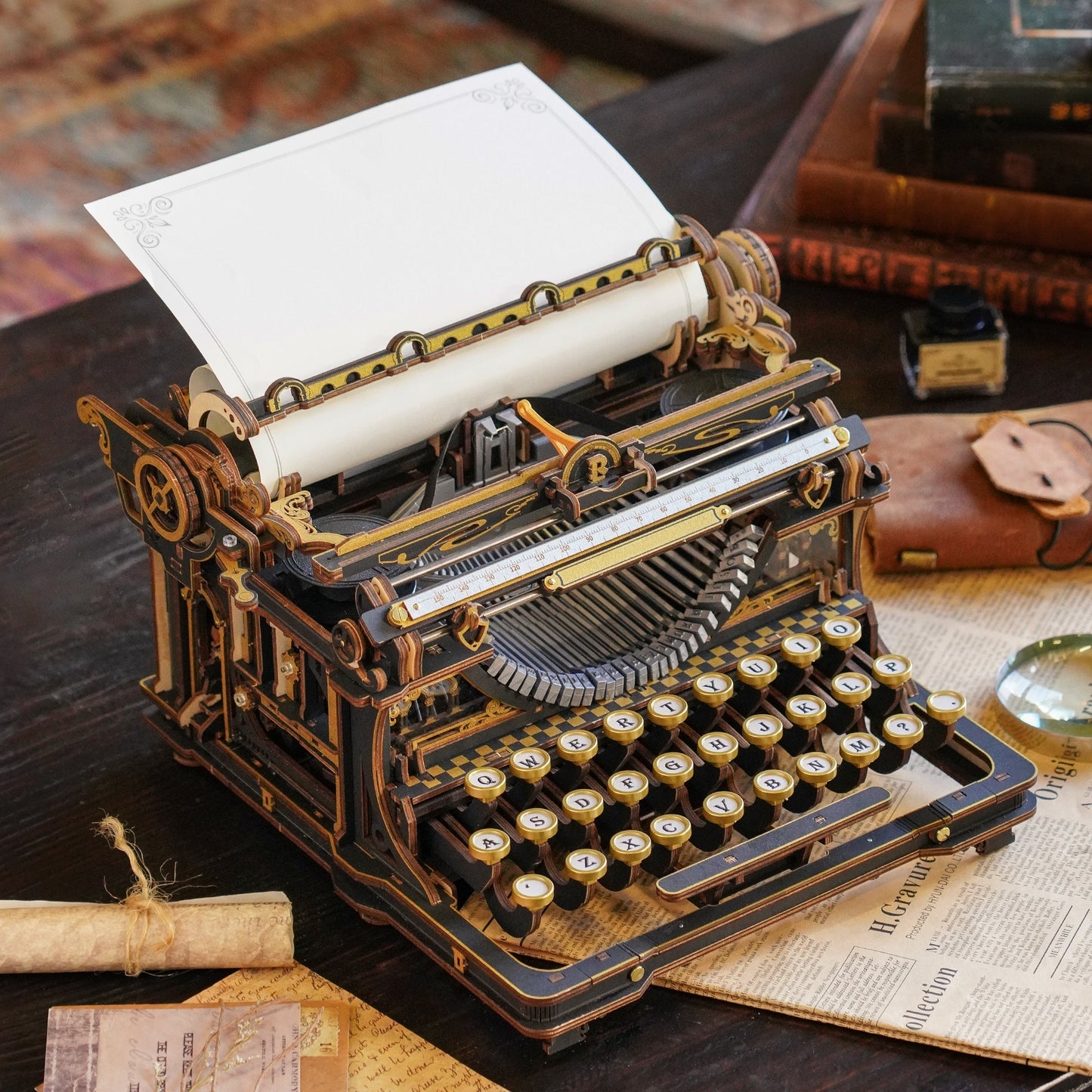 3d wooden typewriter puzzle kit for adults, working mechanical model with vintage black gold trim, writer desk decor
