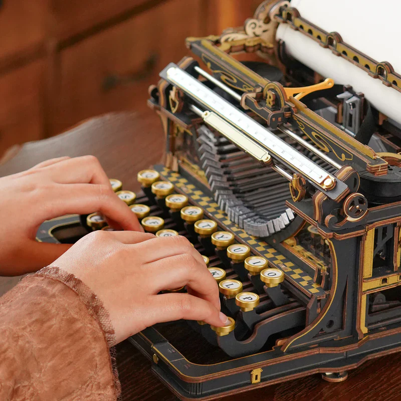 working wooden typewriter model kit with real typing keys, steampunk adult puzzle, hands-on craft gift for writers