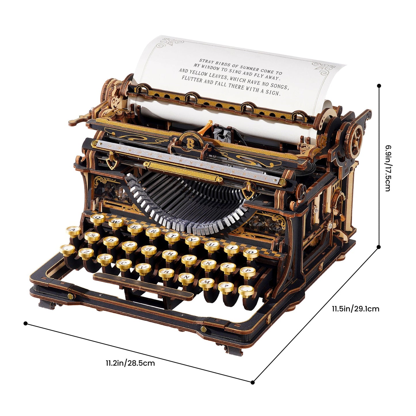 mechanical typewriter wooden puzzle assembled size spec diagram, adult 3d model kit dimensions guide vintage decor