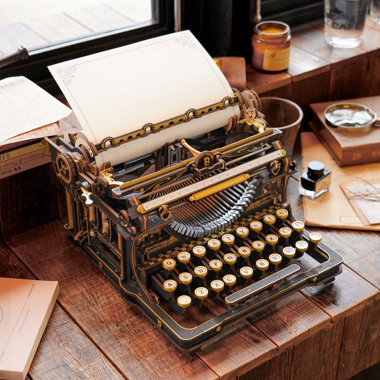 vintage typewriter 3d wooden puzzle on writing desk home office decor, working mechanical model kit for adults gift