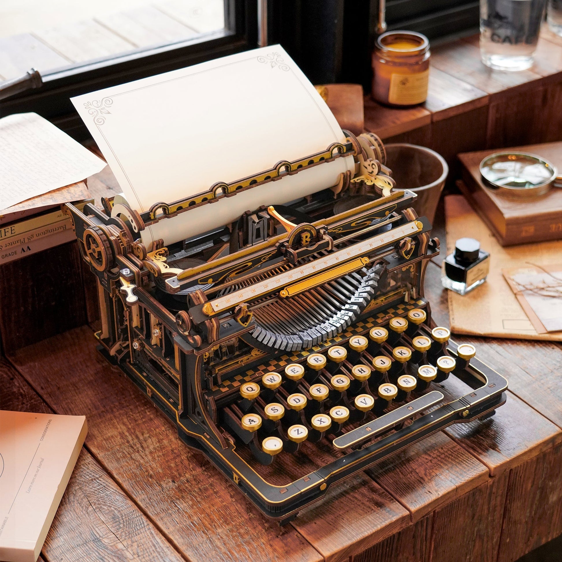 vintage typewriter 3d wooden puzzle on writing desk home office decor, working mechanical model kit for adults gift
